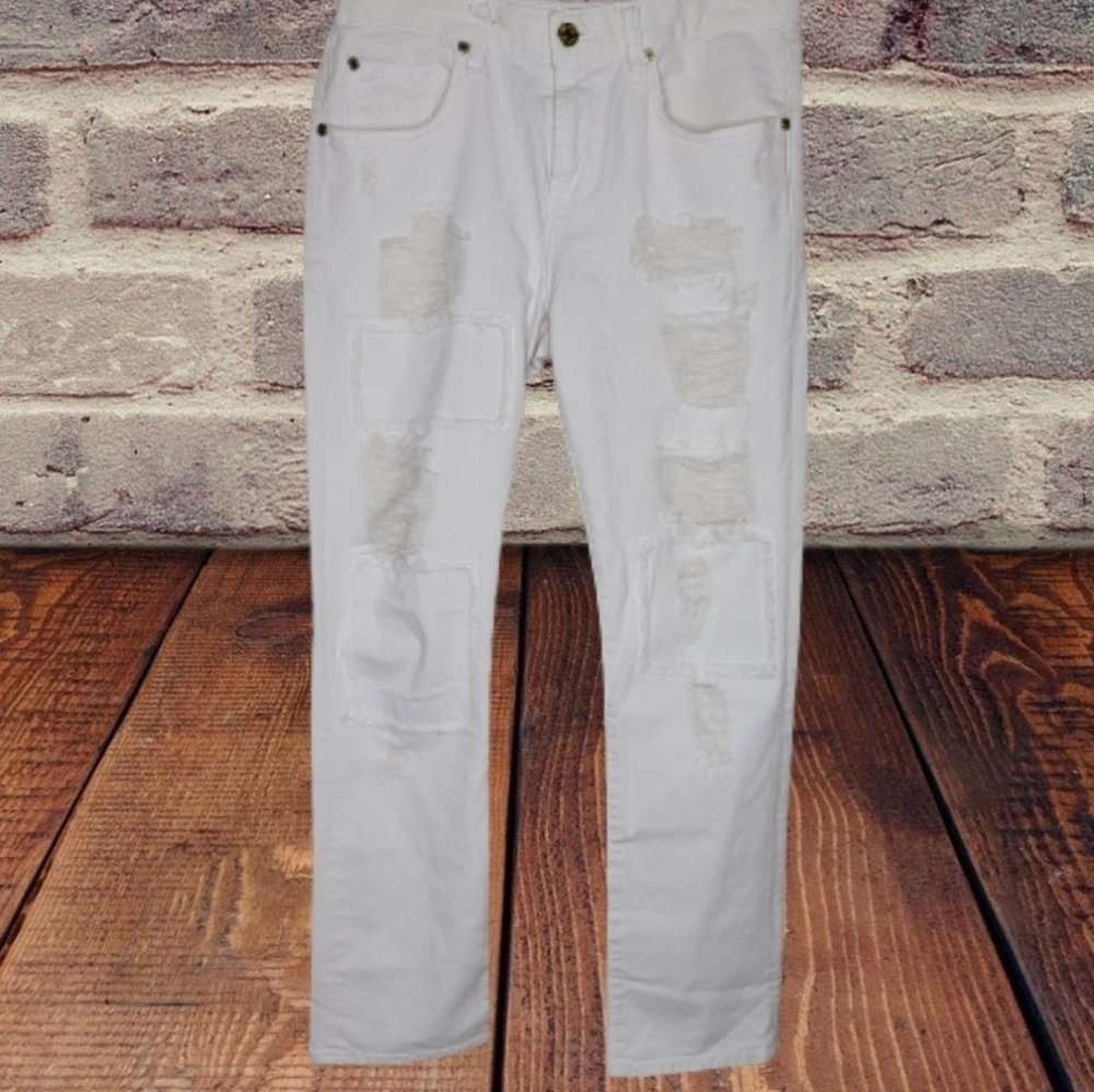 7 For All Mankind Natural Denim Cropped Ankle Distressed Jeans Size 24